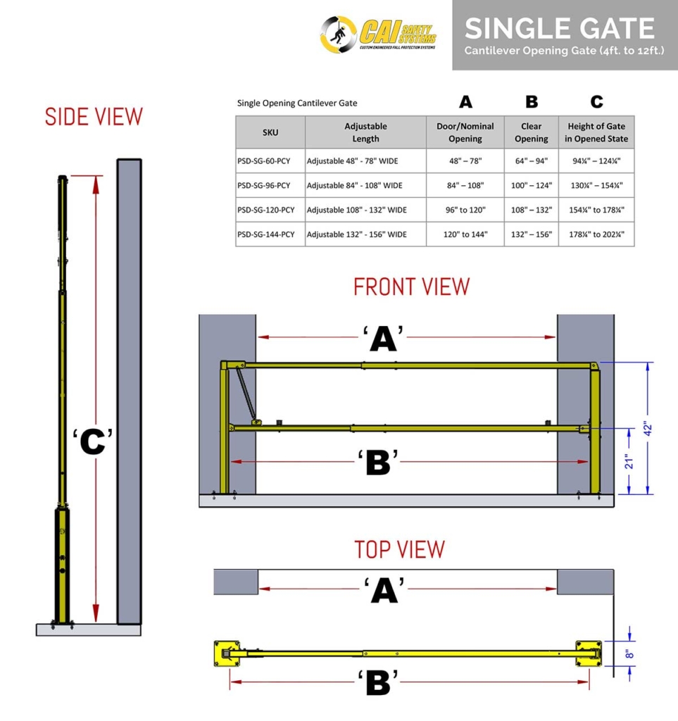 Single Opening Cantilever Gate - Dimension Reference Chart